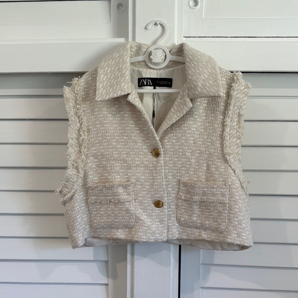 Zara Ivory Tweed Cropped Vest with Gold Buttons